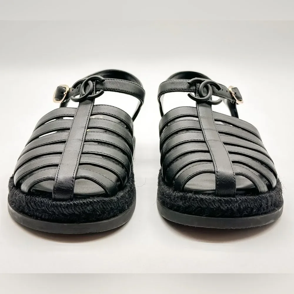 CHANEL 2024 CC Logo Black Leather Fisherman Rope Sole Dad Sandals Flats EU 37